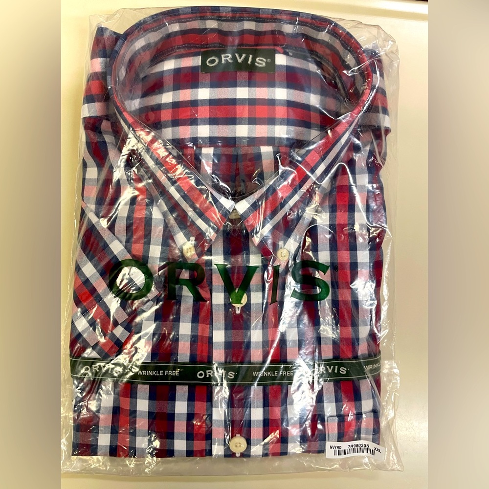 BRAND NEW Sealed Orvis Button Up Shirt Red and Naxy Blue Men’s XXL Shirt